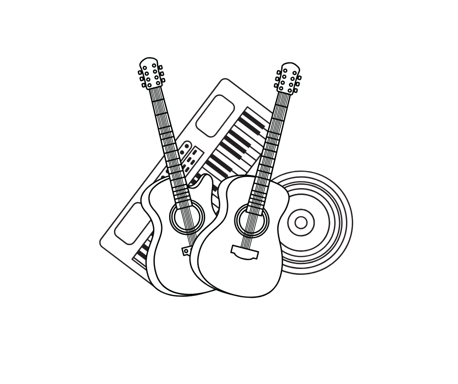 Black and white illustration of various instruments – guitar, piano, keyboard, electronic drums, ukulele – GuruMuzik.com