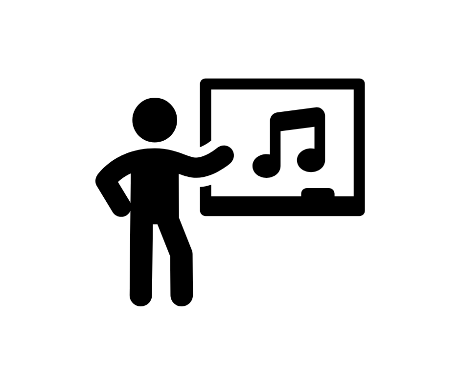 Black and white illustration of a music teacher teaching musical notes – GuruMuzik.com music education platform